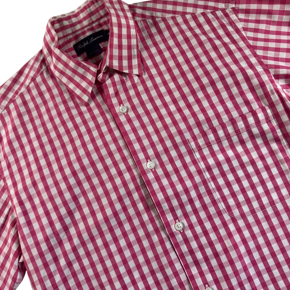 Ralph Lauren Purple Label Gingham Button Up Shirt Mens Medium Pink Short Sleeve